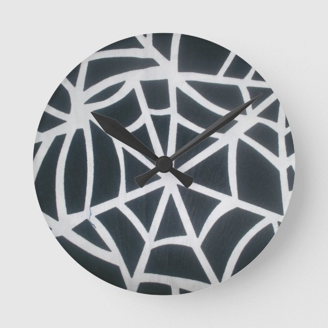 Bold Black & White Spider Web Geometric Pattern Round Clock (Front)