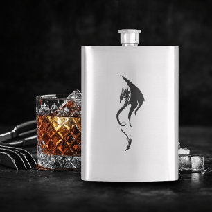 Bold Black White Tribal Dragon Illustration Design Hip Flask