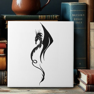 Bold Black White Tribal Dragon Illustration Design Tile