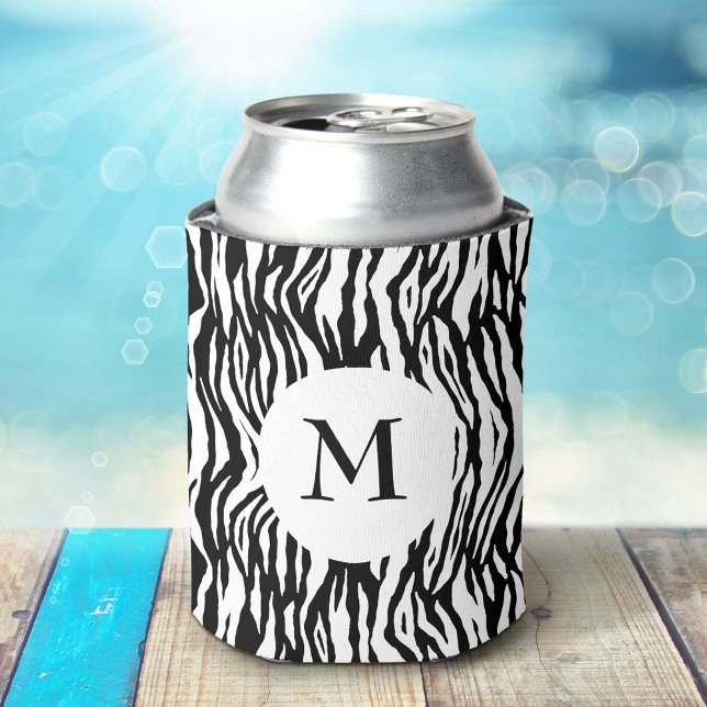 Bold Black White Zebra Print Pattern Cool Monogram Can Cooler (Creator Uploaded)
