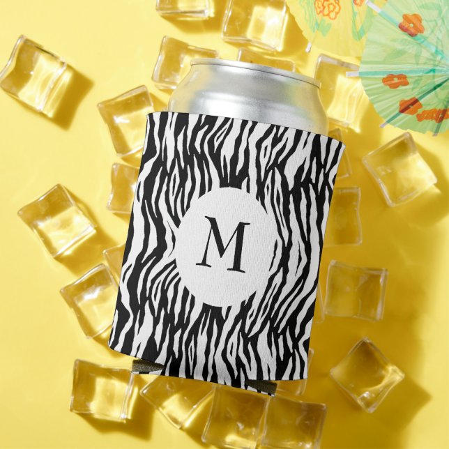 Bold Black White Zebra Print Pattern Cool Monogram Can Cooler (In Situ Summer)