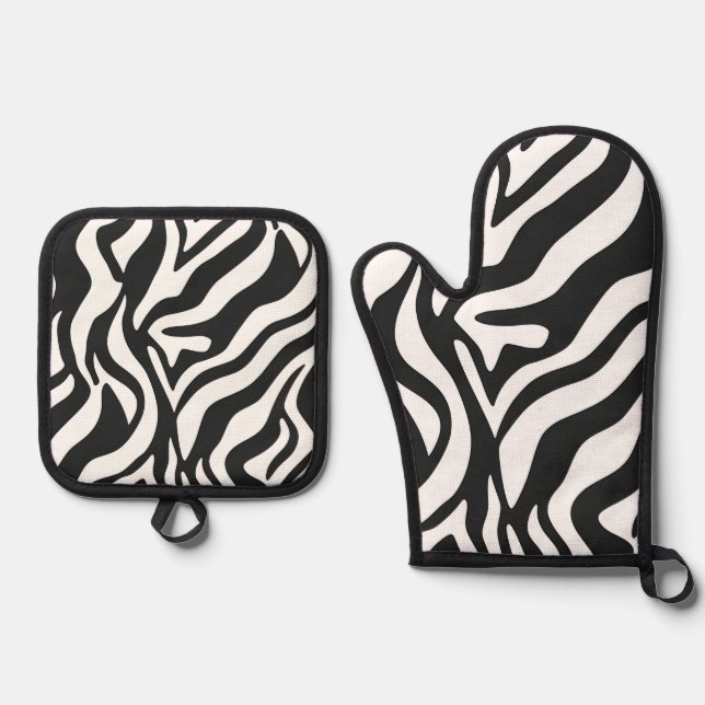 Bold Black White Zebra Stripe Wild Animal Pattern Oven Mitt & Pot Holder Set (Front)