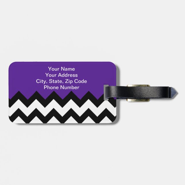 Bold Black White Zigzag Stripes & Eggplant Violet Luggage Tag (Back Horizontal)