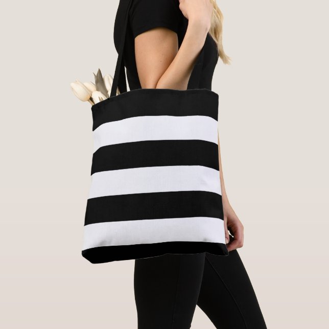 Bold Black with Classic White Stripe Medium Tote Bag (Close Up)