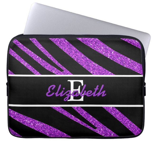 BOLD BLACK ZEBRA STRIPES NAME PURPLE GLITTER LAPTOP SLEEVE (Front)