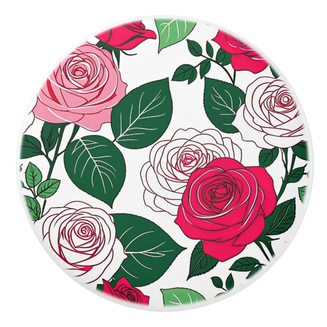 Bold Bloom Harmony - Contemporary Red & Pink Rose  Ceramic Knob (Front)