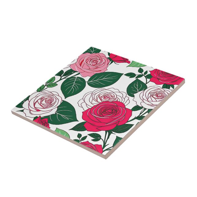 Bold Bloom Harmony - Contemporary Red & Pink Rose  Tile (Side)