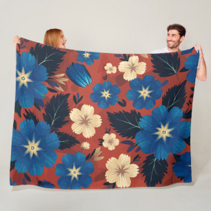 Bold Blue and Cream Floral on Red Background Fleece Blanket