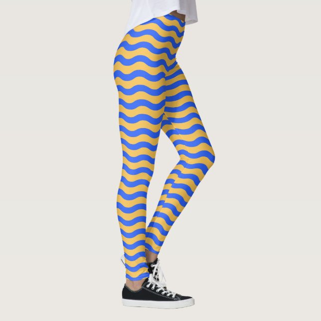 Bold Blue and Gold Wavy Stripes Pattern Leggings (Right)