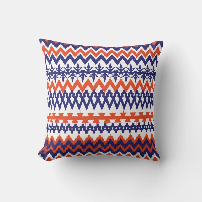 Bold Blue and Orange Tribal Chevron Pattern Cushion (Front)