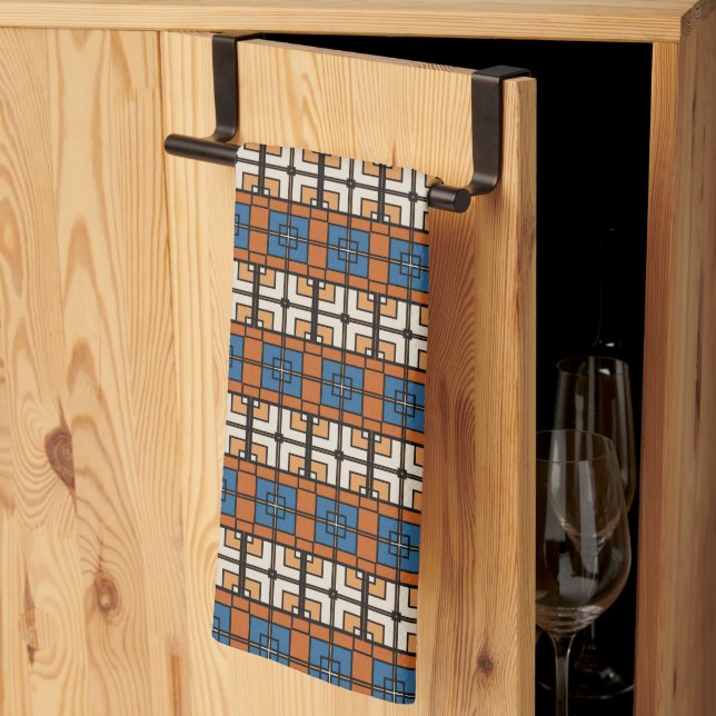 Bold Blue and Terracotta Geometric Tea Towel (Thirds Fold)