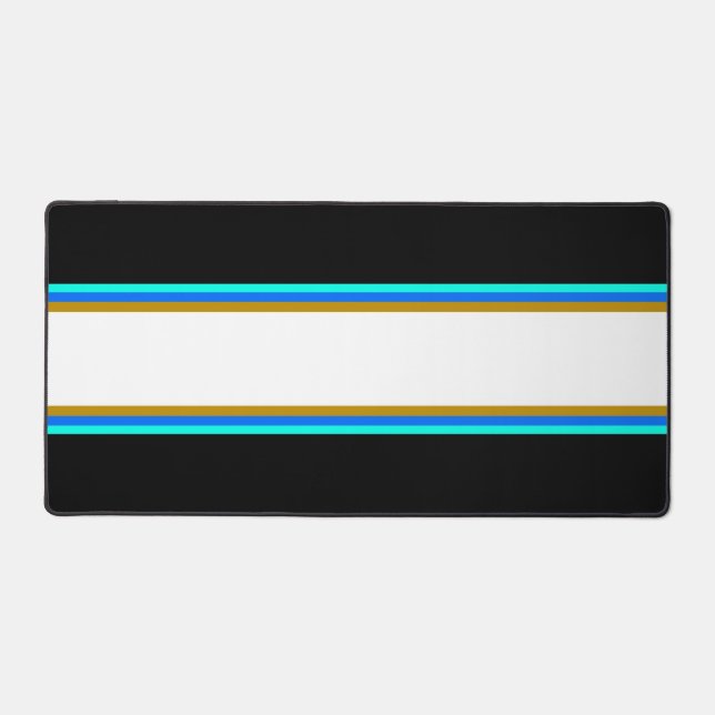 Bold Blue Aqua Brown White Racing Stripes On Black Desk Mat (Front)