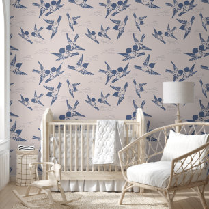 Bold Blue Birds Pink Peel & Stick   Wallpaper