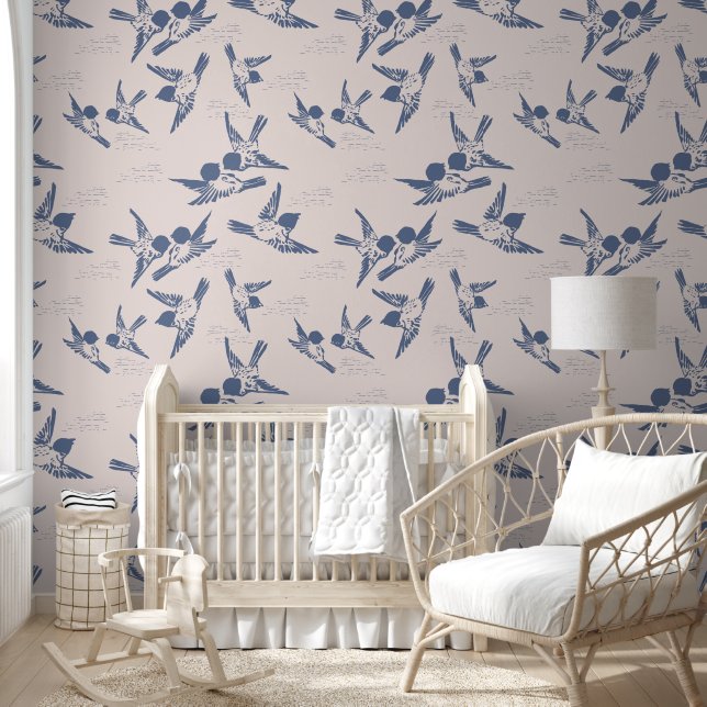 Bold Blue Birds Pink Peel & Stick   Wallpaper (Kids)