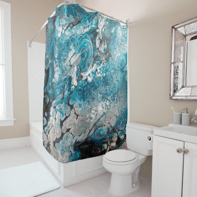 Bold Blue & Black Abstract Shower Curtain (In Situ)