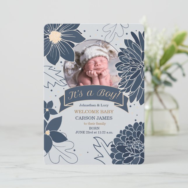 Bold Blue Botanical It's a Boy Birth Announcement (Standing Front)