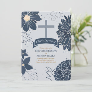 Bold Blue Botanicals with Cross Christening Invitation