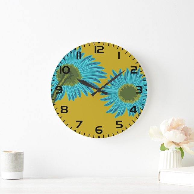Bold Blue Daisy Art on Mustard Yellow Background  Large Clock (Creator Uploaded)