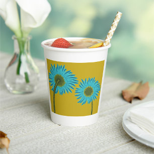 Bold Blue Daisy Art on Mustard Yellow Background Paper Cups