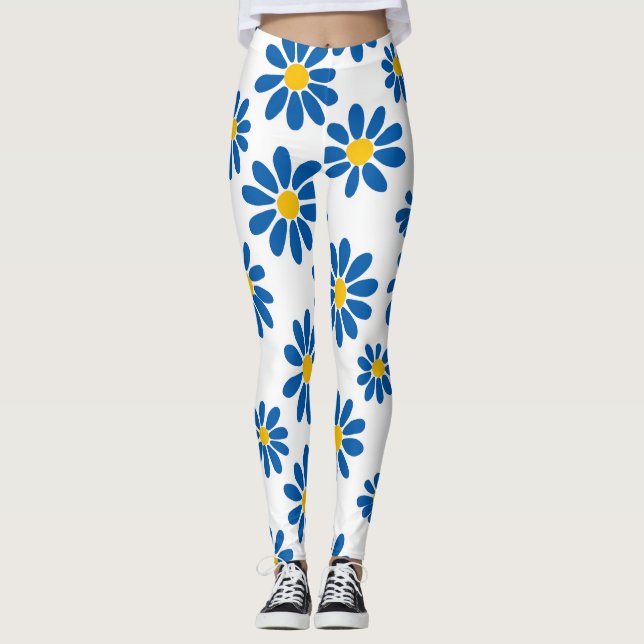 Bold Blue Daisy Floral Print Leggings (Front)