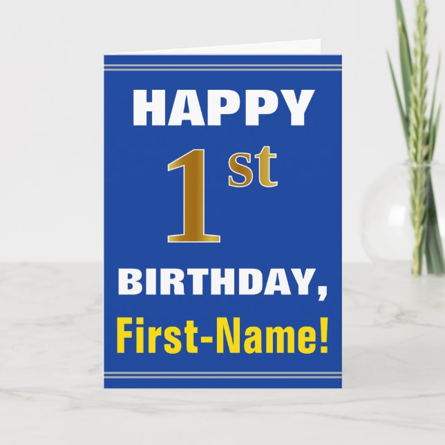 Bold, Blue, Faux Gold 1st Birthday w/ Name Card (Front)
