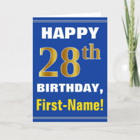 Bold, Blue, Faux Gold 28th Birthday w/ Name Card