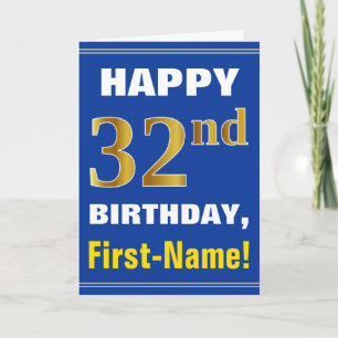 Bold, Blue, Faux Gold 32nd Birthday w/ Name Card