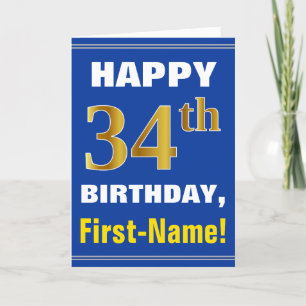 Bold, Blue, Faux Gold 34th Birthday w/ Name Card
