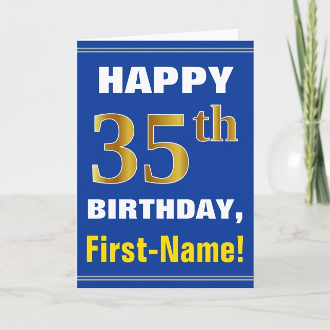 Bold, Blue, Faux Gold 35th Birthday w/ Name Card (Front)