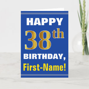 Bold, Blue, Faux Gold 38th Birthday w/ Name Card