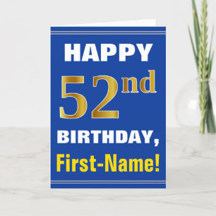 Bold, Blue, Faux Gold 52nd Birthday w/ Name Card