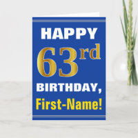 Bold, Blue, Faux Gold 63rd Birthday w/ Name Card