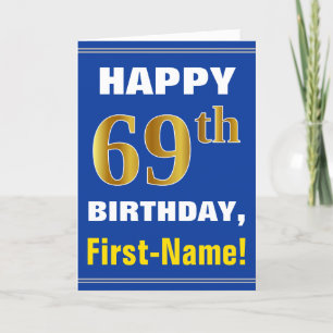 Bold, Blue, Faux Gold 69th Birthday w/ Name Card