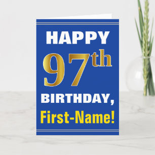 Bold, Blue, Faux Gold 97th Birthday w/ Name Card
