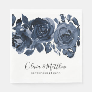 Bold Blue Floral Hand Lettering Wedding Napkin