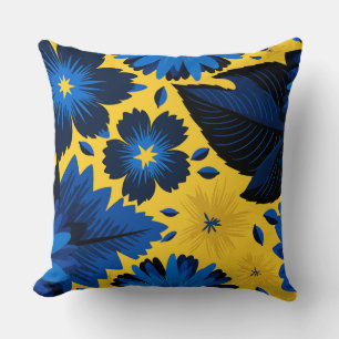 Bold Blue Floral on Vibrant Yellow Background Cushion