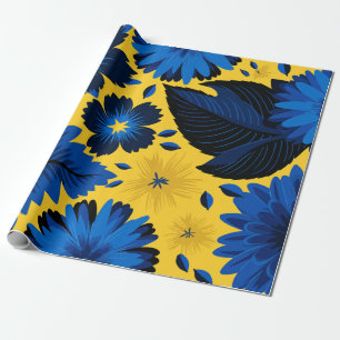 Bold Blue Floral on Vibrant Yellow Background Wrapping Paper