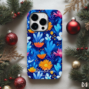 Bold Blue Floral Pattern with Name Quote iPhone 14 Pro Case