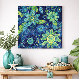 Bold Blue Green Floral Folk Art  Poster