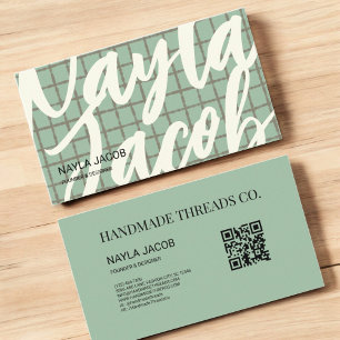 Bold Blue Grey Check Pattern QR Code for Handmade Business Card