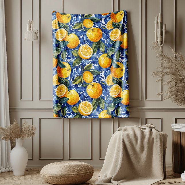 Bold Blue Italian Positano Lemon Fleece Blanket (Creator Uploaded)