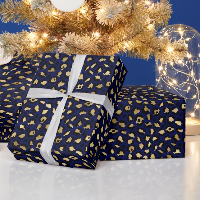 Bold Blue Leopard Print | Glam Animal Pattern Wrapping Paper (Holidays)
