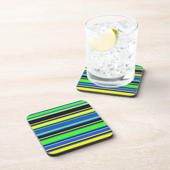 Bold Blue, Lime, & Yellow Striped Square Coaster (Right Side)