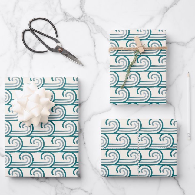 Bold Blue Ocean Waves Pattern Wrapping Paper Sheet (Front)