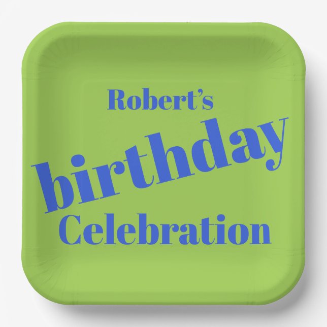 Bold Blue On Lime Green Birthday Party Paper Plate (Front)