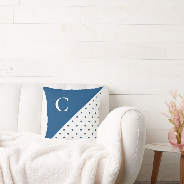 Bold Blue on White Polka Dot Pattern Monogram Cushion (Couch)