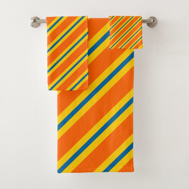 Bold Blue, Orange And Yellow Stripe Pattern Bath Towel Set (Insitu)