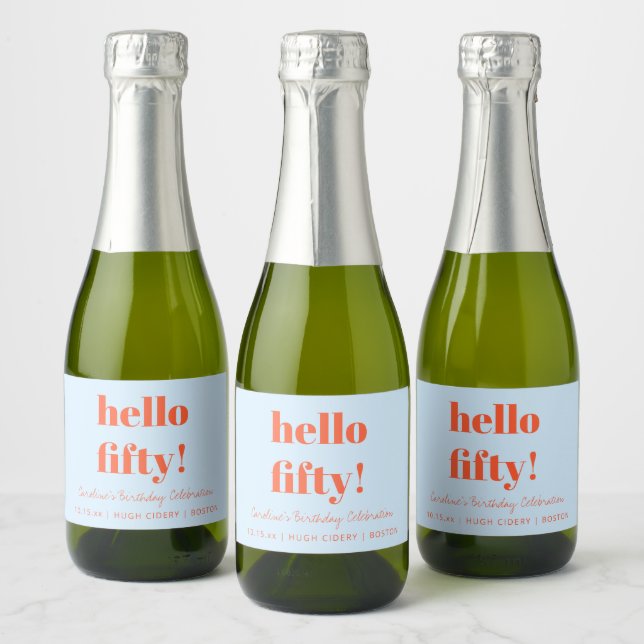Bold Blue Orange Modern 50th Birthday Custom Mini Sparkling Wine Label (Bottles)