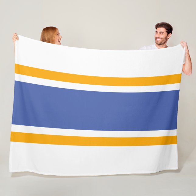 Bold Blue Orange Racing Stripes White Background Fleece Blanket (In Situ)