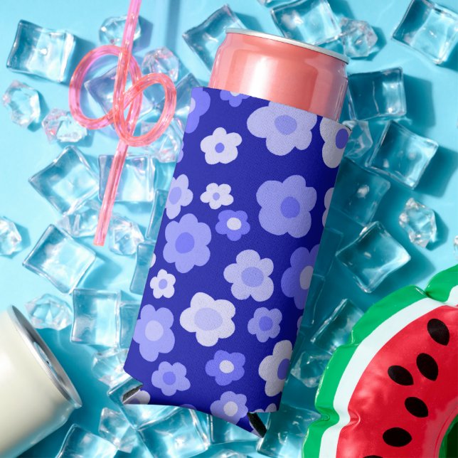 Bold Blue Retro Daisies Cute Colourful Fun Floral Seltzer Can Cooler (In Situ Summer)